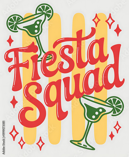 Vintage Fiesta Squad Party Logo with Cocktail Glasses and Confetti