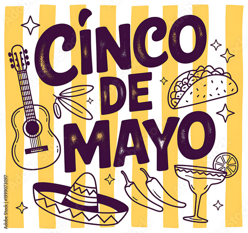 Colorful Cinco de Mayo celebration illustration with sombrero, guitar, and festive elements