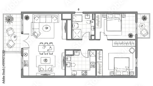 Detailed architectural floor plan rendering for a spacious residential apartment layout featuring multiple bedrooms bathrooms living areas dining space and outdoor balcony spaces for comfortable