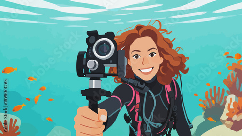 Female diver taking underwater selfie with waterproof camera