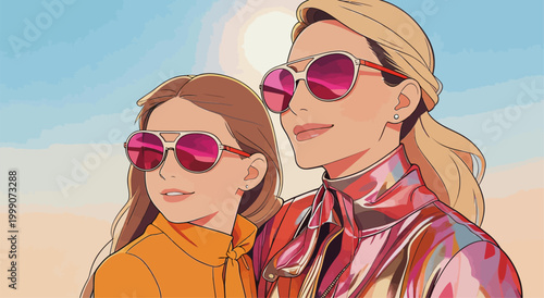 Stylish Adult and Teen Girls Posing Outdoors in Sunny Weather