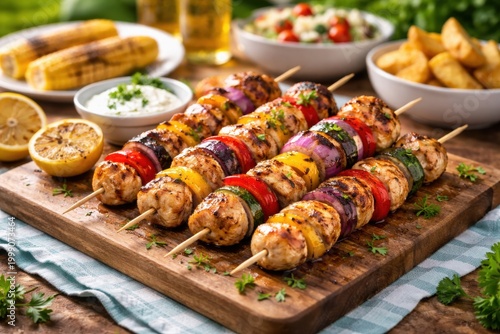 Grilled chicken skewers with colorful vegetables on a wooden board. Delicious BBQ kebabs with bell peppers, zucchini and onion served with corn, potatoes and sauce. Healthy summer picnic food.