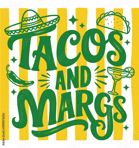 Vibrant Mexican Fiesta Typography with Tacos and Margaritas Illustration