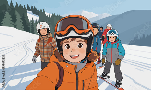 Group of young skiers taking selfie on winter mountain slope