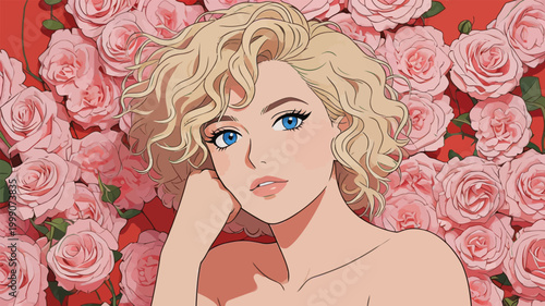 Retro styled portrait of woman with blonde curly hair and roses
