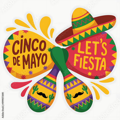 Colorful Cinco de Mayo fiesta celebration with sombrero and confetti illustration