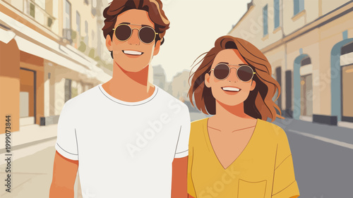 Happy young couple walking on european city street
