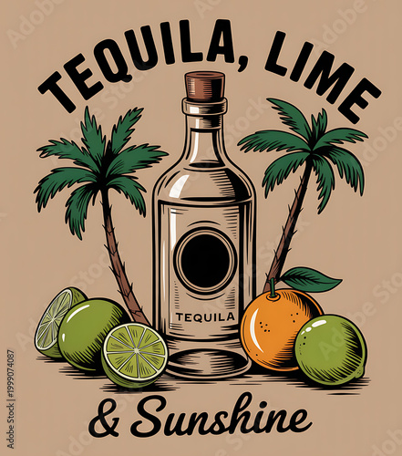 Tequila bottle with limes, orange, and palm trees, vintage style text