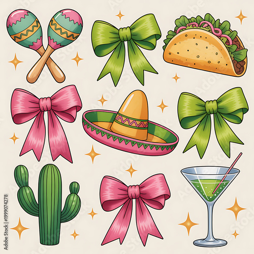 Mexican Fiesta Elements: Taco, Sombrero, Maracas, Cactus, Cocktail, Bows