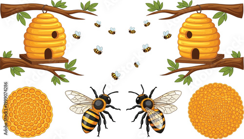 Honey bee and beehive collection with honeycomb vector illustration nature insects apiary and beekeeping design set isolated