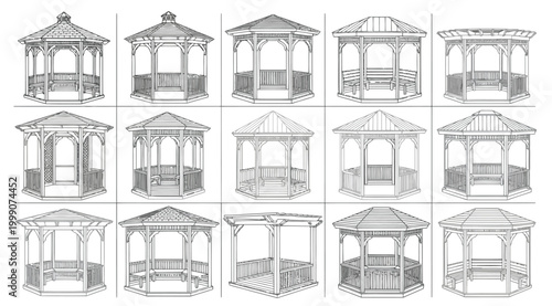Set of various gazebo designs, architectural sketches