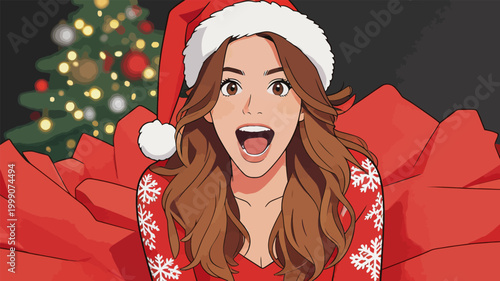 Excited Santa girl in Christmas holiday gift wrapping