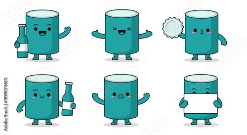 Cute Cylinder Characters with Bottles and Cap Icons, Vector Illustration