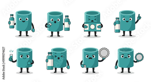 Cute Teal Cylinder Characters with Bottles and Caps