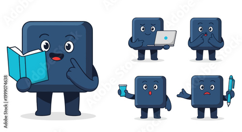 Happy Blue Square Character Set: Reading, Working, Thinking, Drinking, Writing