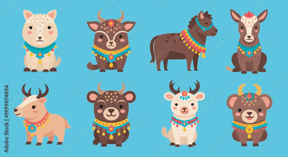 Fototapeta premium Cute tribal animal characters set, 8 cartoon forest and farm animals with ethnic jewelry, flat vector illustration for nursery decor and kids branding