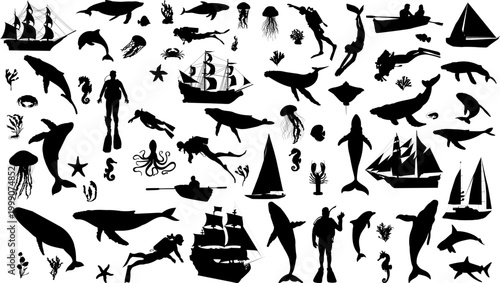 Large marine set, scuba divers, ships, fish, octopuses, rays, dolphins, boat, silhouette, vector