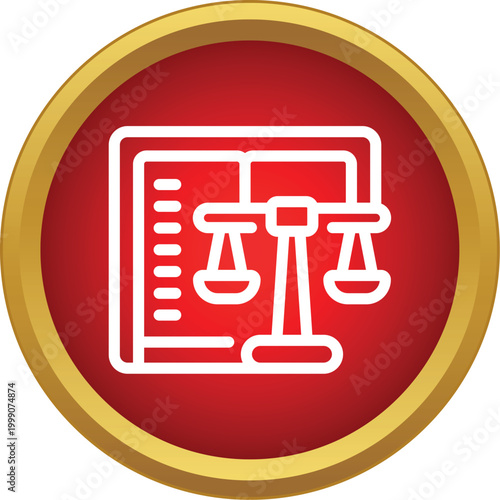 White outline scales of justice balancing on an open law book