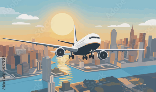 Commercial Airliner Flying Over Urban Waterfront Cityscape at Sunset