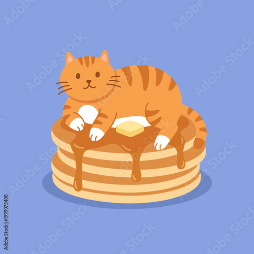 An endearing illustration depicting an orange cat on a stack of pancakes, drizzled with syrup, which combines playful themes of food and pets in a whimsical art style.