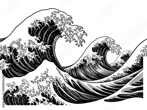 Bild auf Leinwand Stylized Japanese Great Wave Illustration in Black and White Ukiyo-e Woodblock P
