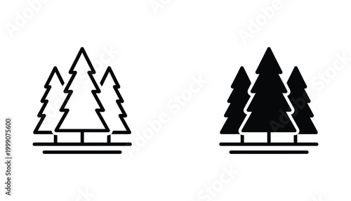 Pine tree forest trio icon set featuring outline and solid black silhouettes of coniferous trees in a row for environmental design and nature themed web graphics