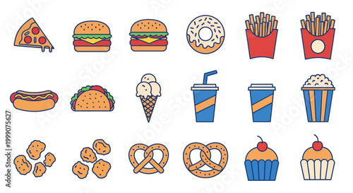 Colorful fast food icons on white.