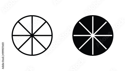Pie chart icon set featuring outline and solid black silhouettes of a circular diagram divided into eight equal segments for business data visualization and analytics