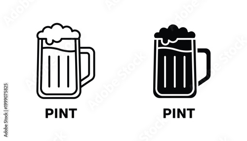 Pint of beer glass icon with frothy head in outline and solid vector style for pub menu design