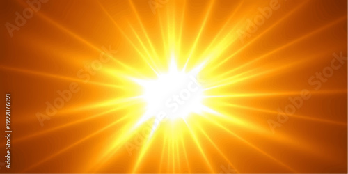 A bright orange and yellow abstract sunburst design creates a warm summer sunrise glow with vibrant rays and sunlight beams exploding across the sky in this vector illustration