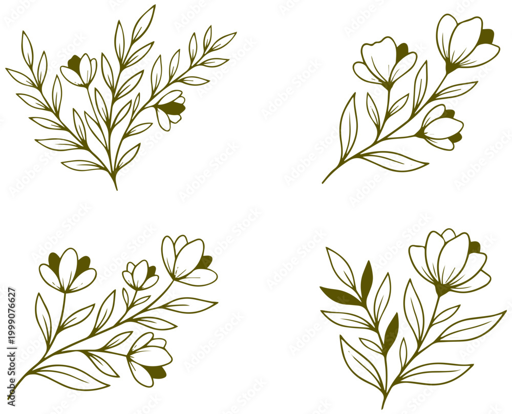 Fototapeta premium Set of four minimalist olive green floral illustrations perfect for elegant wedding invitations and decorative designs.