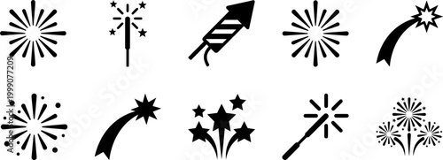 Set of Fireworks Icons: Sparklers, Rockets, Explosions, and Shooting Stars.