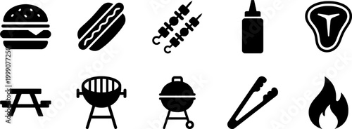 Black and white vector icons representing barbecue items and picnic essentials.