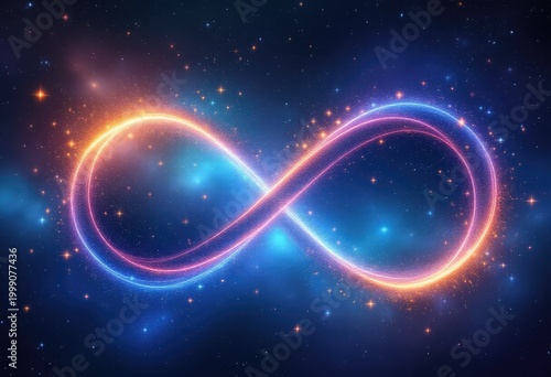 Infinity symbol, glowing, cosmic backdrop