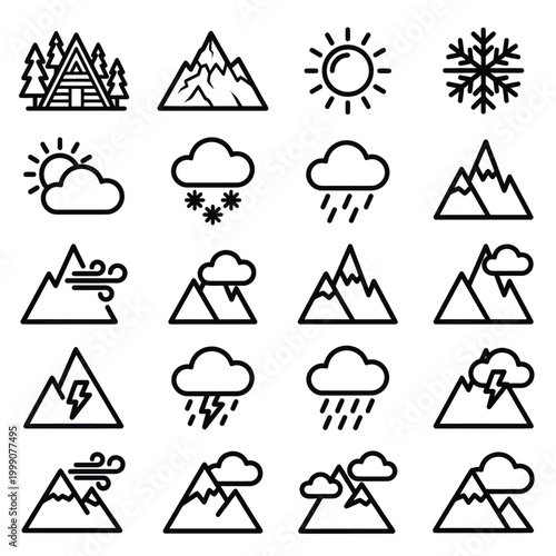 Weather forecast mountain icons set.