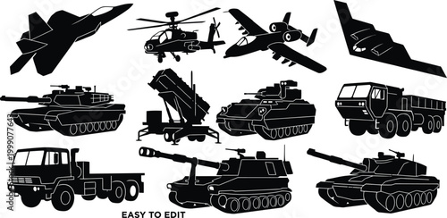 Military vehicle silhouette vector set army transport collection