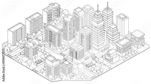 Isometric city map with various buildings, skyscrapers, and trees in a minimalist line art style