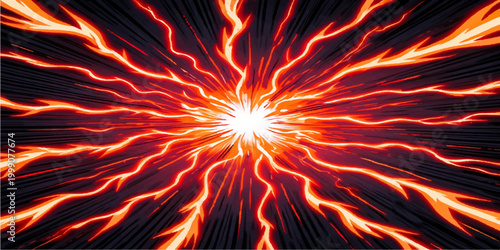 A fiery abstract background featuring an orange and red inferno of hot burning flames and motion energy exploding against a black texture