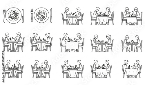 Dining Couple Restaurant Table Silhouette Icon Set Vector
