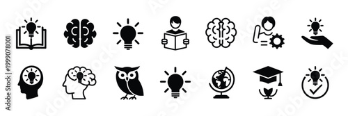 knowledge and creativity icon set, vector illustration with smart thinking, brain, brainstorm, innovation, learning, graduation, and education elements, professional design resource for business.