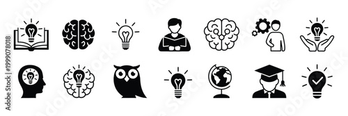 knowledge and creativity icon set, vector illustration with smart thinking, brain, brainstorm, innovation, learning, graduation, and education elements, professional design resource for business.