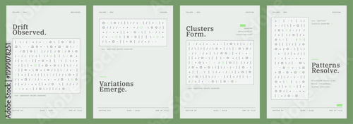 Algorithmic poster set featuring abstract code patterns, generative vibes and minimal typography in soft green colors. Contemporary vector layouts for system diagrams, covers, posters and creative gra