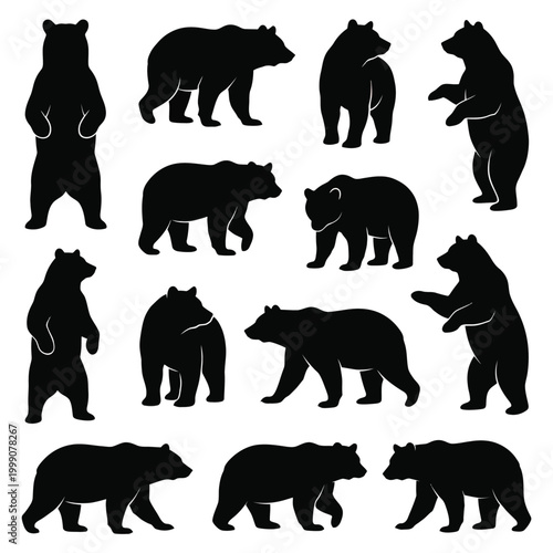 Collection of black bear silhouettes walking.