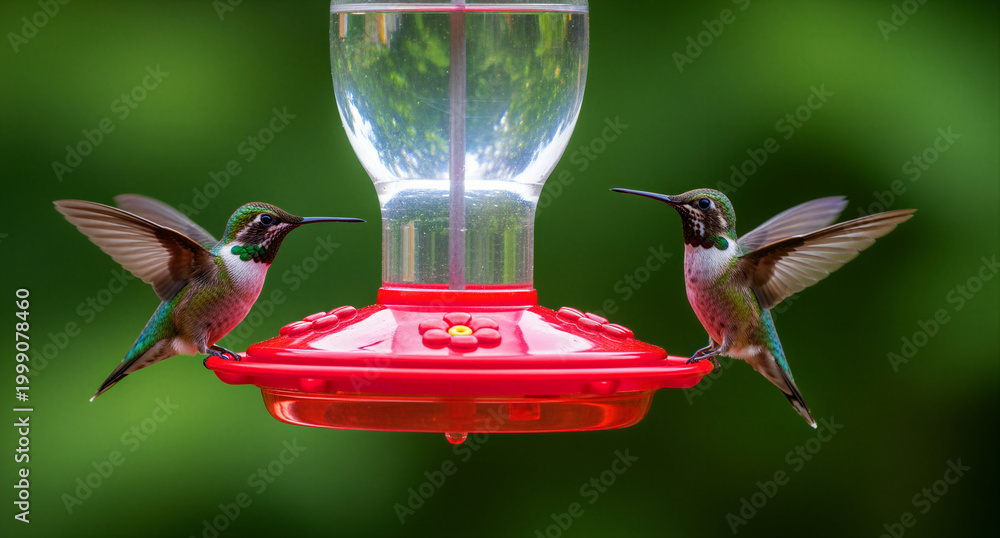 Naklejka premium Two hummingbirds perched on a red bird feeder. Small birds with vibrant green plumage against a bokeh background. Wildlife concept for nature and garden conservation media.