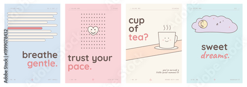 Kawaii pastel wall art set featuring cozy characters, gentle self care quotes and minimal doodle illustrations. Soft vector poster designs for kids room decor, nursery prints, planner covers.