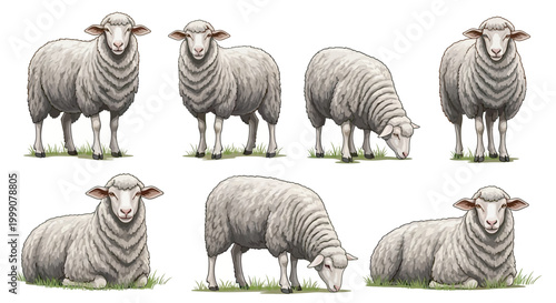 Vintage hand drawn sheep vector set, collection of 7 farm animal illustrations, rustic woolly ewes grazing and resting on white background
