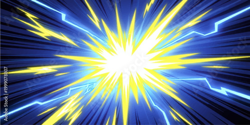 A bright yellow and orange abstract sunburst background features a glowing summer star with vibrant light rays and a sunny burst design, creating a radiant sky illustration of a sunrise