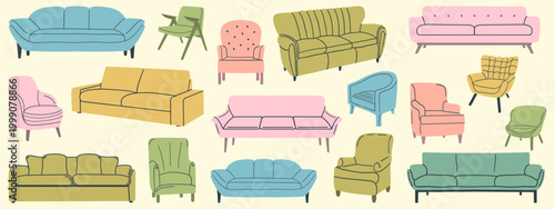 Trendy comfortable chair and couch set. Soft furniture, luxury armchair, sofa, hand drawn vector doodle elements.