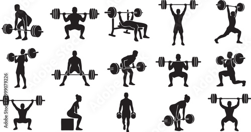 Bodybuilding and Heavy Weightlifting Fitness Vector Silhouette Icon Set.