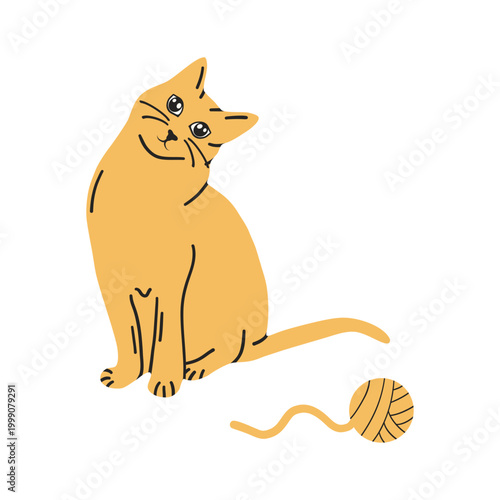 Cat drawing on a white background. Cute kitten in flat style for postcard, banner, web, design, arts. Vector illustration.